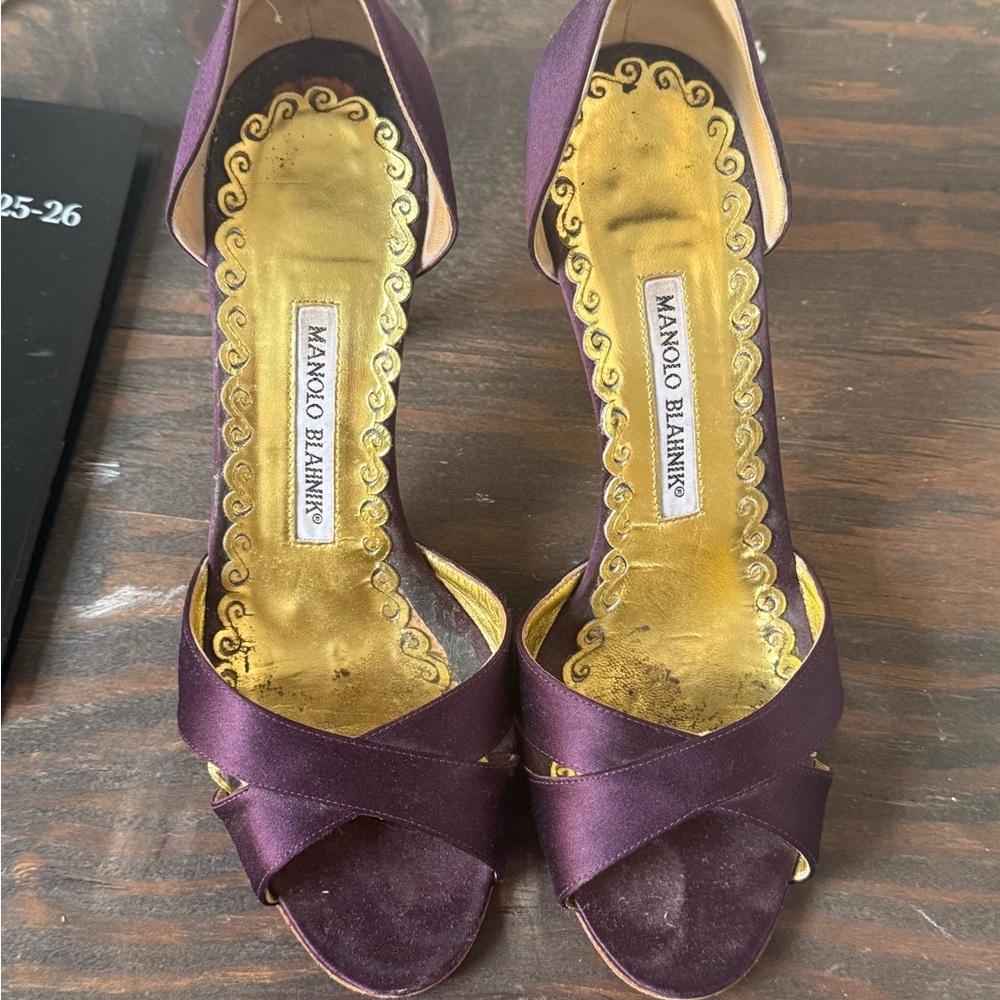 Manolo Blahnik Deep Purple Satin Heels